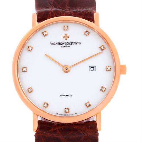 The image shows a front view of a Vacheron Constantin Patrimony 39005 Men's Rose Gold White Dial 39005 Men's Rose Gold White Dial watch with its dial, hands, date display, and leather strap.