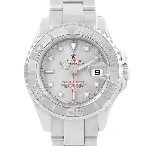 This is a top-front view of a Rolex Yacht-Master 169622 Women's Stainless Steel Silver Dial 169622 Women's Stainless Steel Silver Dial watch, showing its dial, bezel, and part of the bracelet.