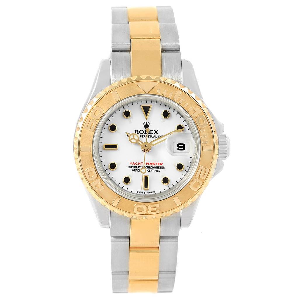 The image shows a Rolex Yacht-Master 169623 Women's Steel and Gold (two tone) White Dial 169623 Women's Steel and Gold (two tone) White Dial watch from a front angle, featuring a two-tone gold and silver bracelet and a white dial.