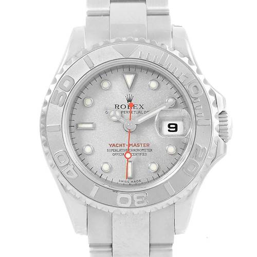 This image shows a frontal view of a Rolex Yacht-Master 169622 Women's Stainless Steel Silver Dial 169622 Women's Stainless Steel Silver Dial watch, highlighting the dial, bezel, and bracelet.