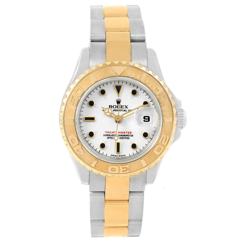 This image shows a front view of a Rolex Yacht-Master 169623 Women's Steel and Gold (two tone) White Dial 169623 Women's Steel and Gold (two tone) White Dial watch, highlighting its dial, bezel, and two-tone bracelet.