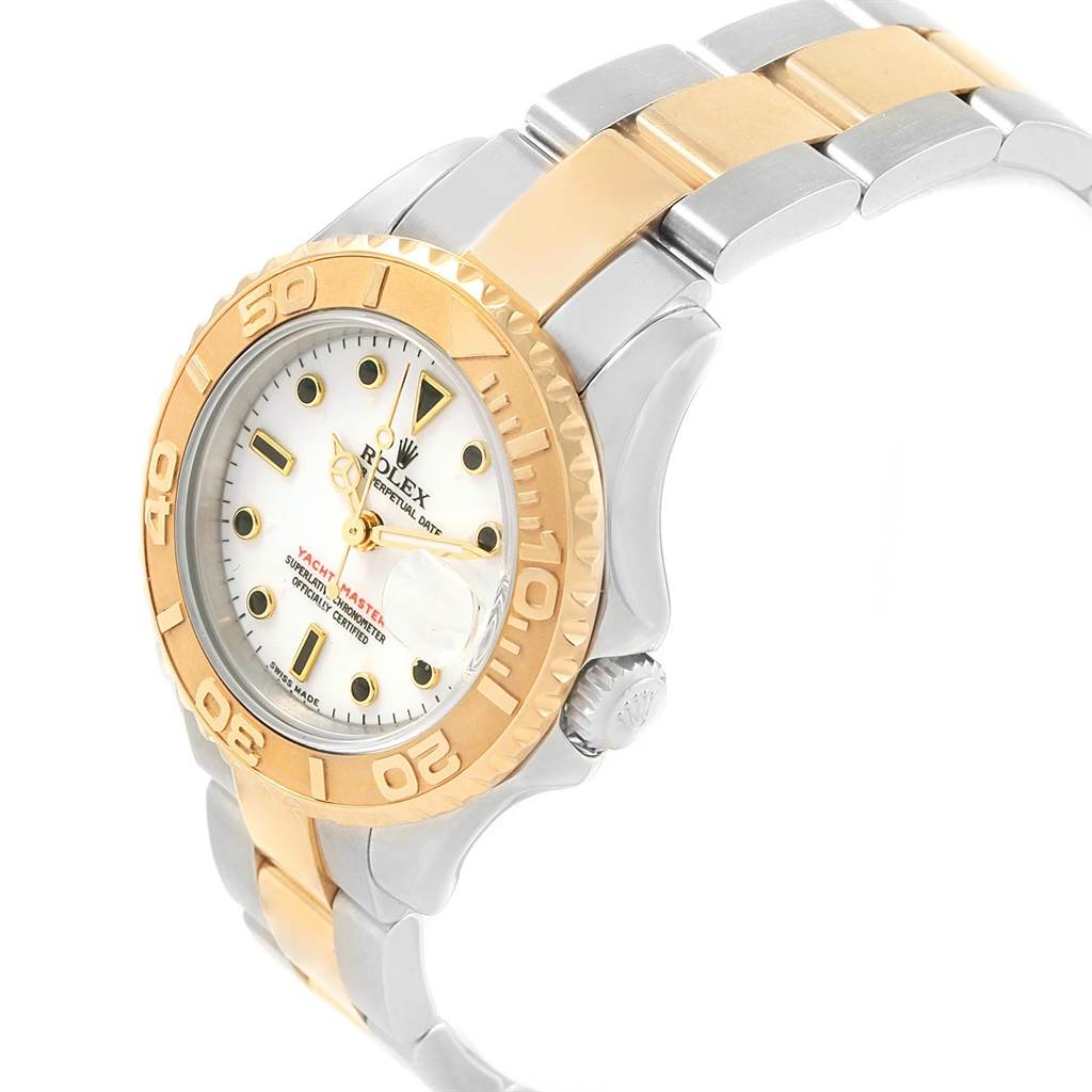 The image shows a side and front angle of a Rolex Yacht-Master 169623 Women's Steel and Gold (two tone) White Dial 169623 Women's Steel and Gold (two tone) White Dial watch, highlighting the dial, bezel, and part of the bracelet.
