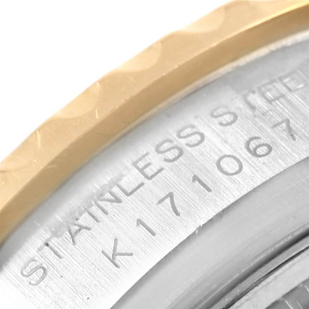 This image shows a close-up of the engraved stainless steel case and bezel of a Rolex Yacht-Master 169623 Women's Steel and Gold (two tone) White Dial 169623 Women's Steel and Gold (two tone) White Dial watch.