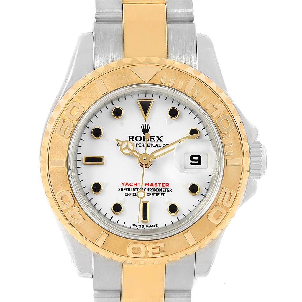 This image shows a frontal view of a Rolex Yacht-Master 169623 Women's Steel and Gold (two tone) White Dial 169623 Women's Steel and Gold (two tone) White Dial watch, displaying the face, bezel, and part of the band.