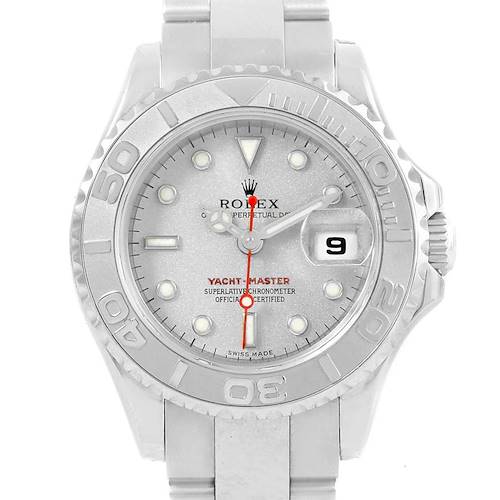The image shows a frontal view of a Rolex Yacht-Master 169622 Women's Stainless Steel Silver Dial 169622 Women's Stainless Steel Silver Dial watch, highlighting its dial, bezel, and bracelet.