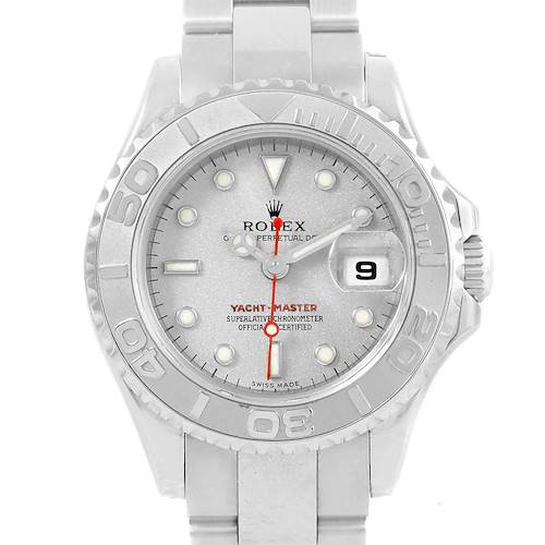 This image shows a front view of the Rolex Yacht-Master 169622 Women's Stainless Steel Silver Dial 169622 Women's Stainless Steel Silver Dial watch, including the dial, bezel, and part of the bracelet.
