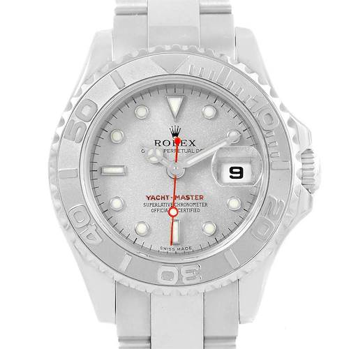 The Rolex Yacht-Master 169622 Women's Stainless Steel Silver Dial 169622 Women's Stainless Steel Silver Dial watch is shown from a front angle, highlighting its dial, bezel, and bracelet.