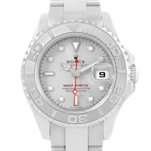 The image shows a front view of the Rolex Yacht-Master 169622 Women's Stainless Steel Silver Dial 169622 Women's Stainless Steel Silver Dial watch, displaying its face, bezel, hands, and part of the bracelet.
