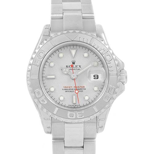 This image shows a Rolex Yacht-Master 169622 Women's Stainless Steel Silver Dial 169622 Women's Stainless Steel Silver Dial watch viewed from the front, displaying the dial, bezel, date, and bracelet.