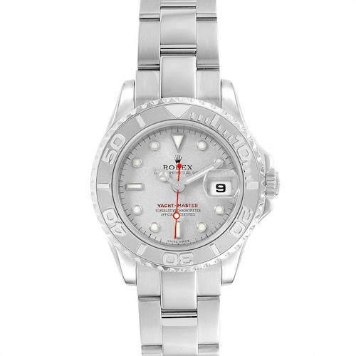 This Rolex Yacht-Master 169622 Women's Stainless Steel Silver Dial 169622 Women's Stainless Steel Silver Dial watch is shown from a top-down angle, highlighting the dial, bezel, bracelet, and crown.