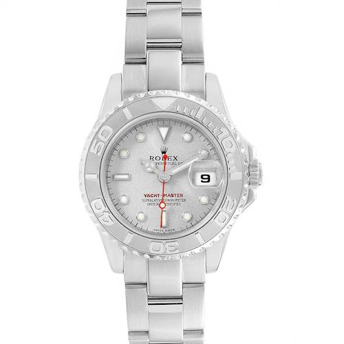 The image shows a front view of the Rolex Yacht-Master 169622 Women's Stainless Steel Silver Dial 169622 Women's Stainless Steel Silver Dial watch, including its face, bezel, and bracelet.