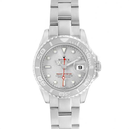 The Rolex Yacht-Master 169622 Women's Stainless Steel Silver Dial 169622 Women's Stainless Steel Silver Dial watch is shown from a top-down angle, highlighting the face, bezel, and bracelet.