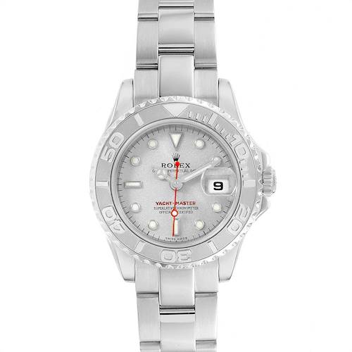 The image shows a front view of a Rolex Yacht-Master 169622 Women's Stainless Steel Silver Dial 169622 Women's Stainless Steel Silver Dial watch, displaying the face, bezel, and bracelet.