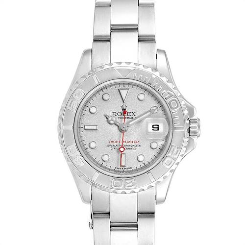 The image shows a Rolex Yacht-Master 169622 Women's Stainless Steel Silver Dial 169622 Women's Stainless Steel Silver Dial watch, front view, displaying the dial, bezel, bracelet, and date window.