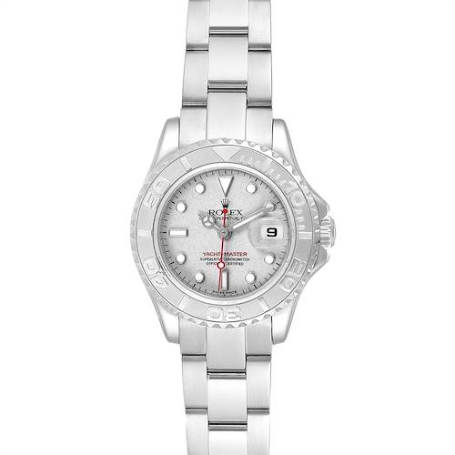 The image shows a full front view of the Rolex Yacht-Master 169622 Women's Stainless Steel Silver Dial 169622 Women's Stainless Steel Silver Dial watch, highlighting the face, bezel, and metal band.
