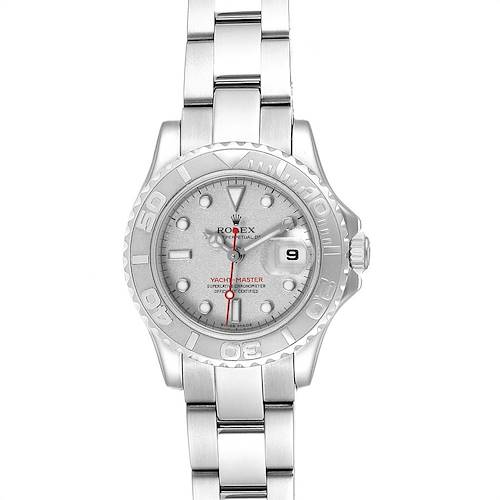 This image shows a front view of a Rolex Yacht-Master 169622 Women's Stainless Steel Silver Dial 169622 Women's Stainless Steel Silver Dial watch, displaying the dial, bezel, and bracelet.