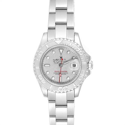 The image shows a front view of a Rolex Yacht-Master 169622 Women's Stainless Steel Silver Dial 169622 Women's Stainless Steel Silver Dial watch, displaying its face, bezel, and part of the bracelet.