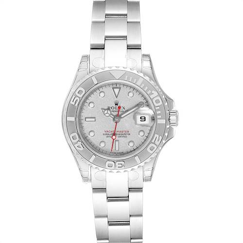 The image shows a front view of a Rolex Yacht-Master 169622 Women's Stainless Steel Silver Dial 169622 Women's Stainless Steel Silver Dial watch, featuring its bezel, dial, bracelet, and date window.