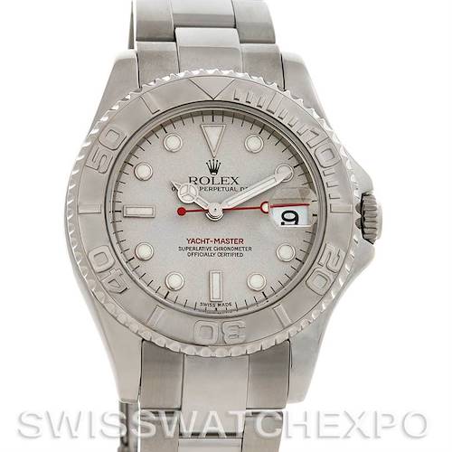 This image shows a front view of a Rolex Yacht-Master 168622 Stainless Steel Silver Dial 168622 Stainless Steel Silver Dial watch, highlighting its dial, bezel, and bracelet.