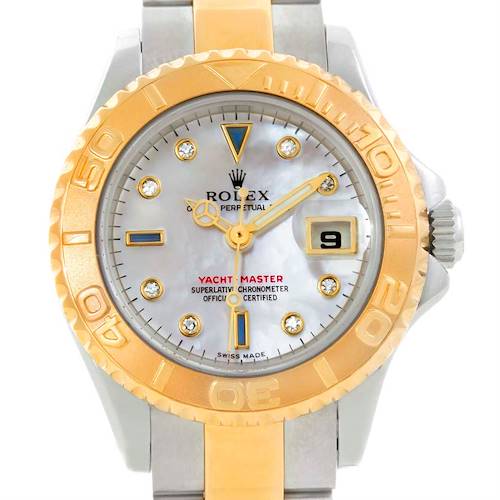 The image shows a front view of a Rolex Yacht-Master 169623 Women's Stainless Steel Mother of Pearl Dial 169623 Women's Stainless Steel Mother of Pearl Dial watch, highlighting the face, bezel, and part of the bracelet.