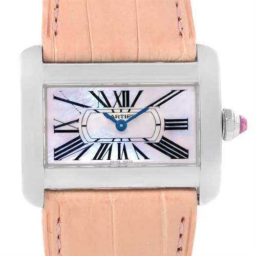 The image shows a front view of a Cartier Tank Divan W6301455 Women's Stainless Steel Mother of Pearl Dial W6301455 Women's Stainless Steel Mother of Pearl Dial watch featuring the face, bezel, and part of a leather strap.