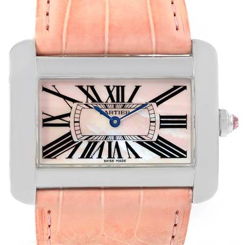 The Cartier Tank Divan W6301455 Women's Stainless Steel Mother of Pearl Dial W6301455 Women's Stainless Steel Mother of Pearl Dial watch is shown from a front angle highlighting its dial, hands, and pink leather strap.