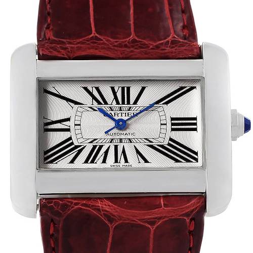 The Cartier Tank Divan W6300755 Women's Stainless Steel Silver Dial W6300755 Women's Stainless Steel Silver Dial watch is shown from a front angle, highlighting its rectangular dial, Roman numerals, and red leather strap.