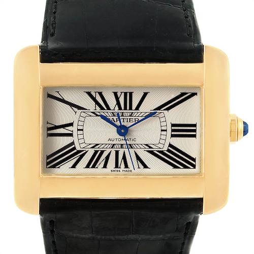 The image shows a frontal view of a Cartier Tank Divan W6300856 Women's Yellow Gold Silver Dial W6300856 Women's Yellow Gold Silver Dial watch, featuring a rectangular case, Roman numerals, and a black leather strap.