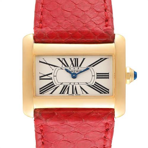 The image shows a Cartier Tank Divan W6300356 Women's Yellow Gold Silver Dial W6300356 Women's Yellow Gold Silver Dial watch with a red leather strap and a gold rectangular case, viewed from the front.