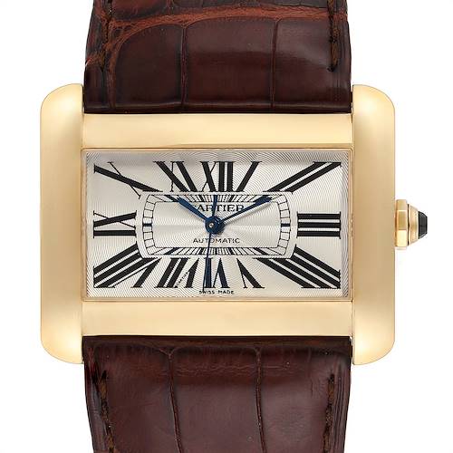 The image shows a Cartier Tank Divan W6300856‏ Women's Yellow Gold Silver Dial W6300856‏ Women's Yellow Gold Silver Dial watch from a front angle, highlighting its dial, Roman numerals, and brown leather strap.