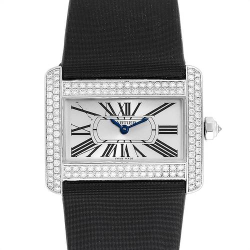 The image shows a front view of the Cartier Tank Divan WA301271 Women's White Gold Silver Dial WA301271 Women's White Gold Silver Dial watch, highlighting the face, strap, and diamond-encrusted bezel.