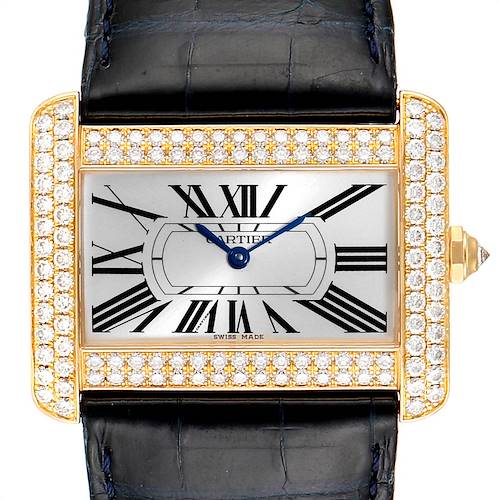 The image shows a Cartier Tank Divan WA301170‏ Women's Yellow Gold Silver Dial WA301170‏ Women's Yellow Gold Silver Dial watch, featuring a rectangular face with diamond-studded bezel and a leather strap, viewed from the front.