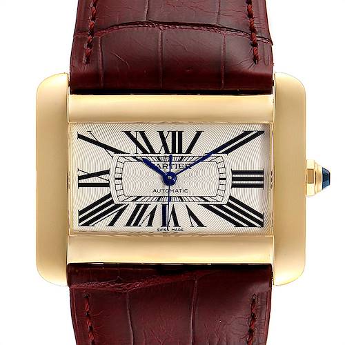 The image shows a close-up front view of the Cartier Tank Divan W6300856 Women's Yellow Gold Silver Dial W6300856 Women's Yellow Gold Silver Dial watch, highlighting its rectangular face and leather strap.