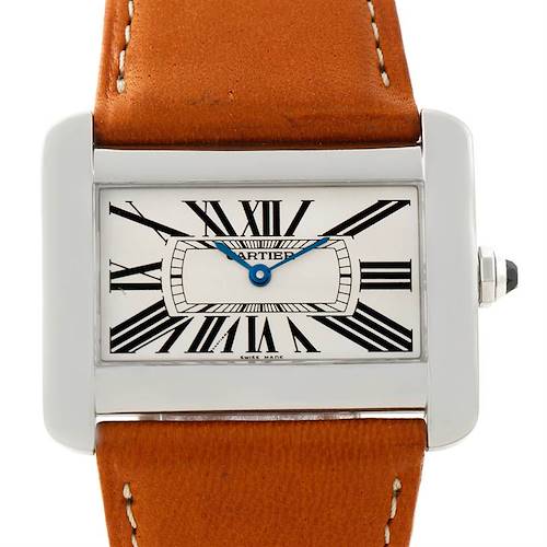 The Cartier Tank Divan W6300655 Men's Stainless Steel Silver Dial W6300655 Men's Stainless Steel Silver Dial watch is shown from a front view, highlighting its rectangular face, Roman numerals, and brown leather strap.