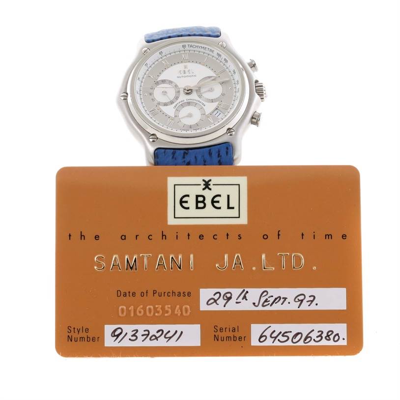 The image shows the front view of the Ebel 9137241 Stainless Steel Silver Dial 9137241 Stainless Steel Silver Dial Le Modulor Automatic Chronograph Blue Strap Watch model 9137241 with its box papers.