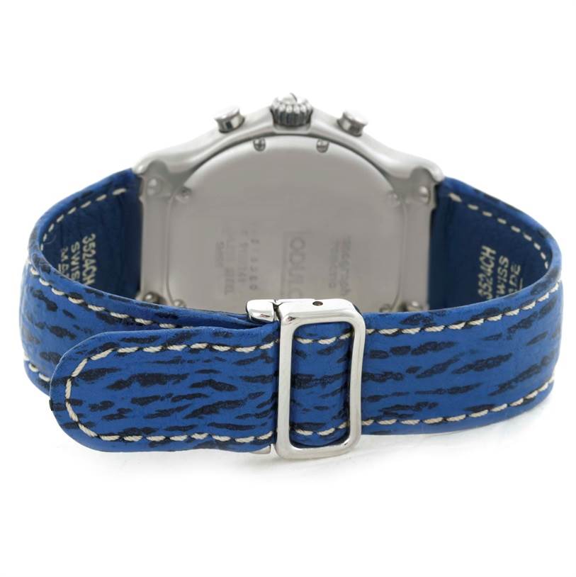 The image shows the back view of an Ebel 9137241 Stainless Steel Silver Dial 9137241 Stainless Steel Silver Dial Le Modulor Automatic Chronograph Blue Strap Watch 9137241, highlighting the blue strap and buckle.