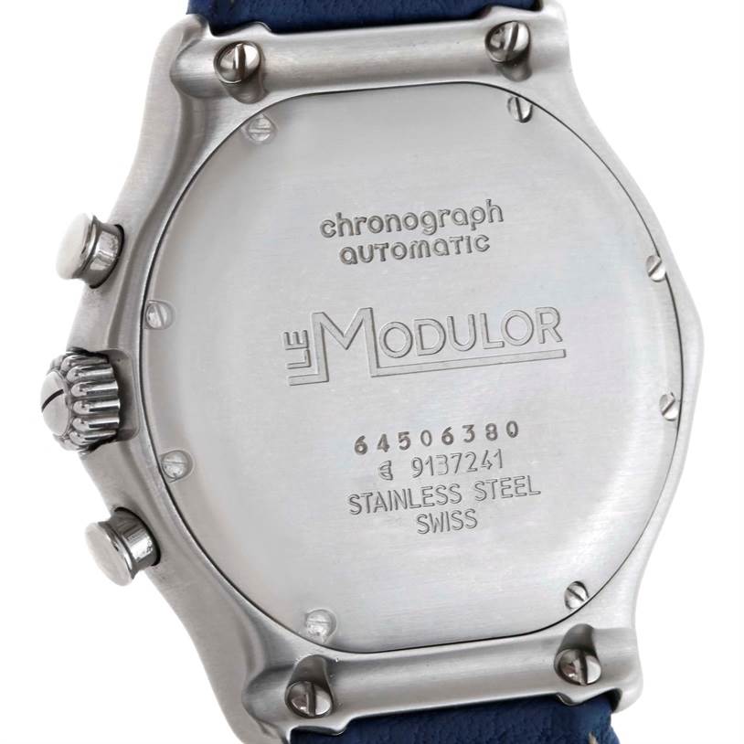The image shows the back of the Ebel 9137241 Stainless Steel Silver Dial 9137241 Stainless Steel Silver Dial Le Modulor Automatic Chronograph Blue Strap Watch, model 9137241.