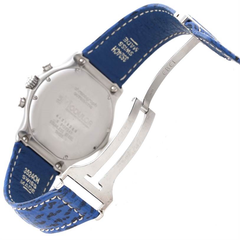 The image shows the back case and blue strap of the Ebel 9137241 Stainless Steel Silver Dial 9137241 Stainless Steel Silver Dial Le Modulor Automatic Chronograph Blue Strap Watch 9137241.