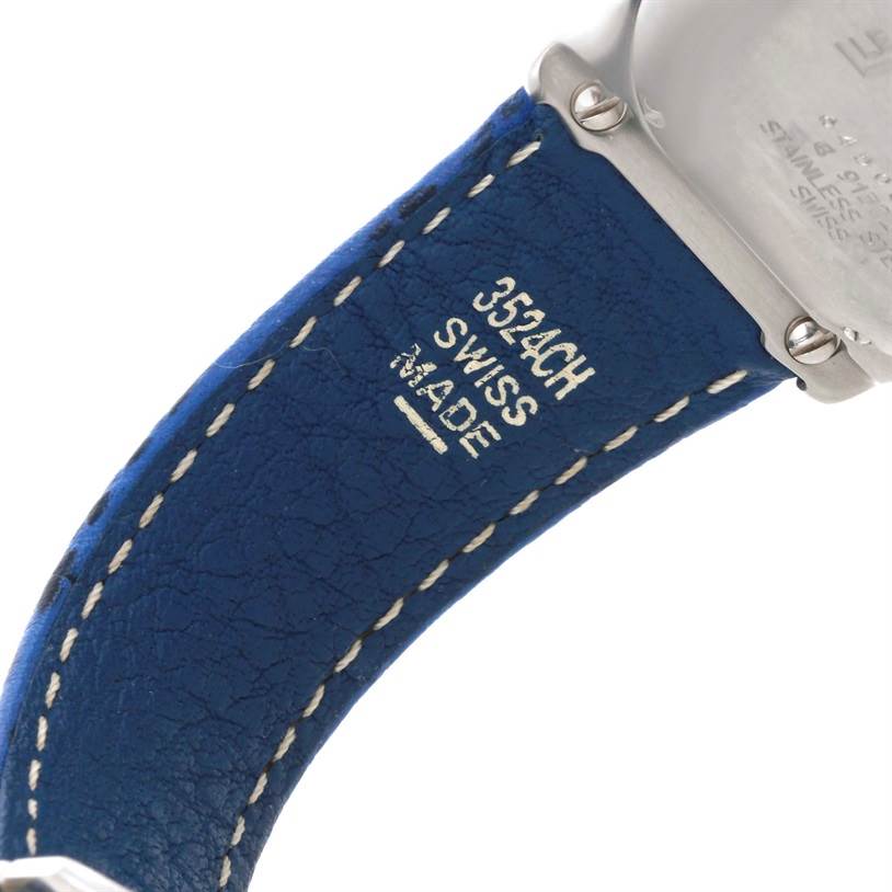 This image shows the back of the Ebel 9137241 Stainless Steel Silver Dial 9137241 Stainless Steel Silver Dial Le Modulor Automatic Chronograph Blue Strap Watch 9137241 and its blue strap with stitching.