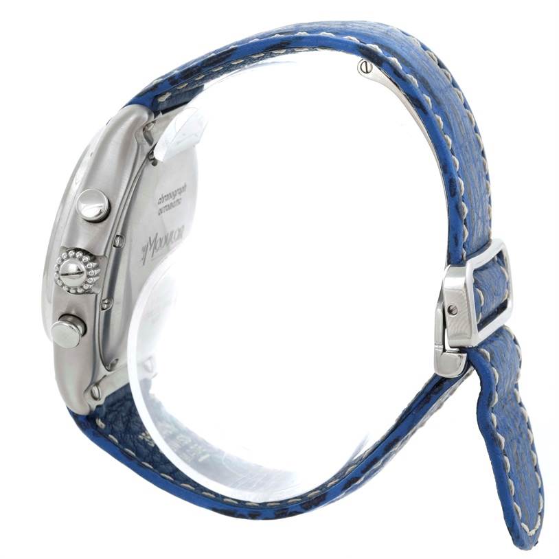 The image displays a side view of an Ebel 9137241 Stainless Steel Silver Dial 9137241 Stainless Steel Silver Dial Le Modulor Automatic Chronograph Blue Strap Watch 9137241, highlighting the case, buttons, and strap.