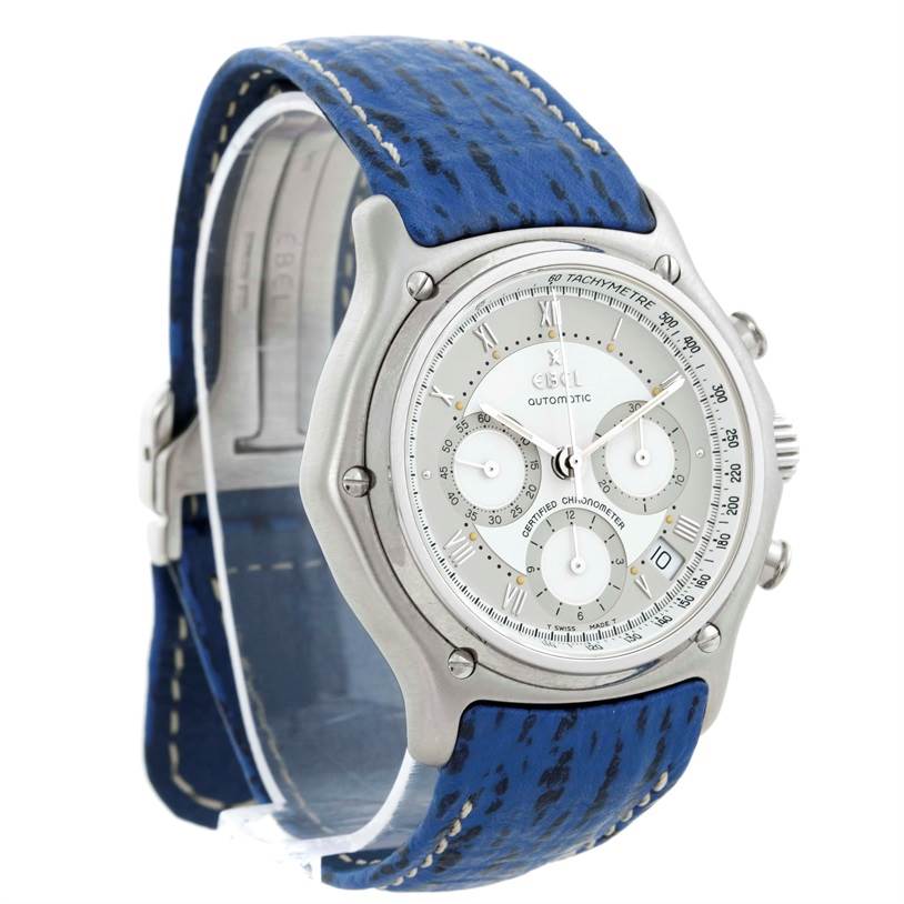 The image shows the face and side of the Ebel 9137241 Stainless Steel Silver Dial 9137241 Stainless Steel Silver Dial Le Modulor Automatic Chronograph Blue Strap Watch 9137241.