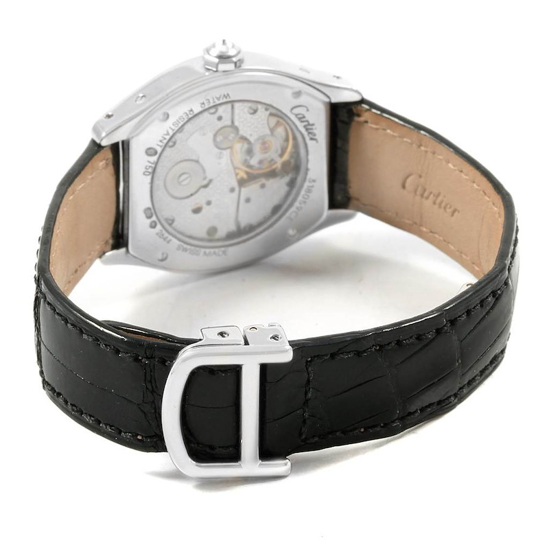 The image shows the back of a Cartier Tortue WA507231 Women's White Gold Silver Dial WA507231 Women's White Gold Silver Dial watch, highlighting the movement, case back, and leather strap with a buckle.