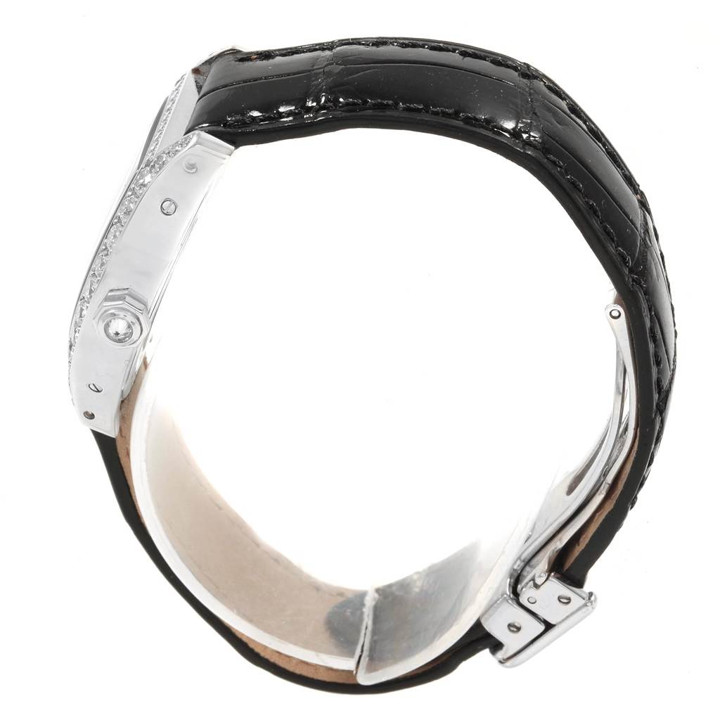 The image shows a side view of the Cartier Tortue WA507231 Women's White Gold Silver Dial WA507231 Women's White Gold Silver Dial model watch, displaying the case, bezel, and part of the leather strap.