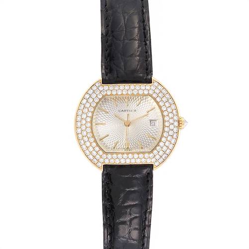 The image shows a front view of a Cartier Tortue 1481 Women's Yellow Gold Silver Dial 1481 Women's Yellow Gold Silver Dial watch featuring a gold case, diamond bezel, and black leather strap.