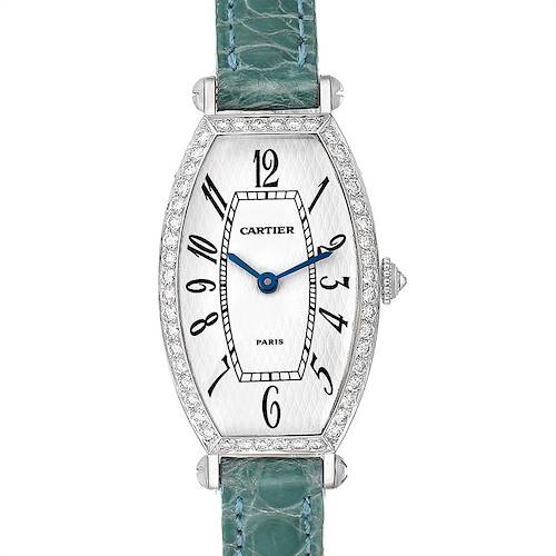 The image shows a Cartier Tortue WE400131 Women's White Gold White Dial WE400131 Women's White Gold White Dial watch from a front angle, displaying its dial, case, bezel, crown, and strap.