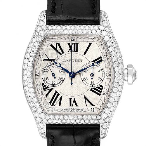 The Cartier Tortue 2396G Women's White Gold Silver Dial 2396G Women's White Gold Silver Dial model watch is shown from a top-down angle, featuring a diamond-encrusted bezel, Roman numerals, and a black leather strap.