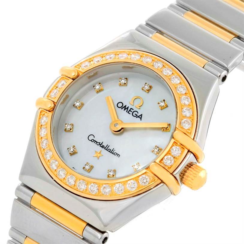 The image shows a close-up of the dial and part of the bracelet of the Omega 1365.75.00 Women's Steel and Gold (two tone) Mother of Pearl Dial 1365.75.00 Women's Steel and Gold (two tone) Mother of Pearl Dial Constellation Mini Steel Yellow Gold Diamond Watch 1365.75.00.