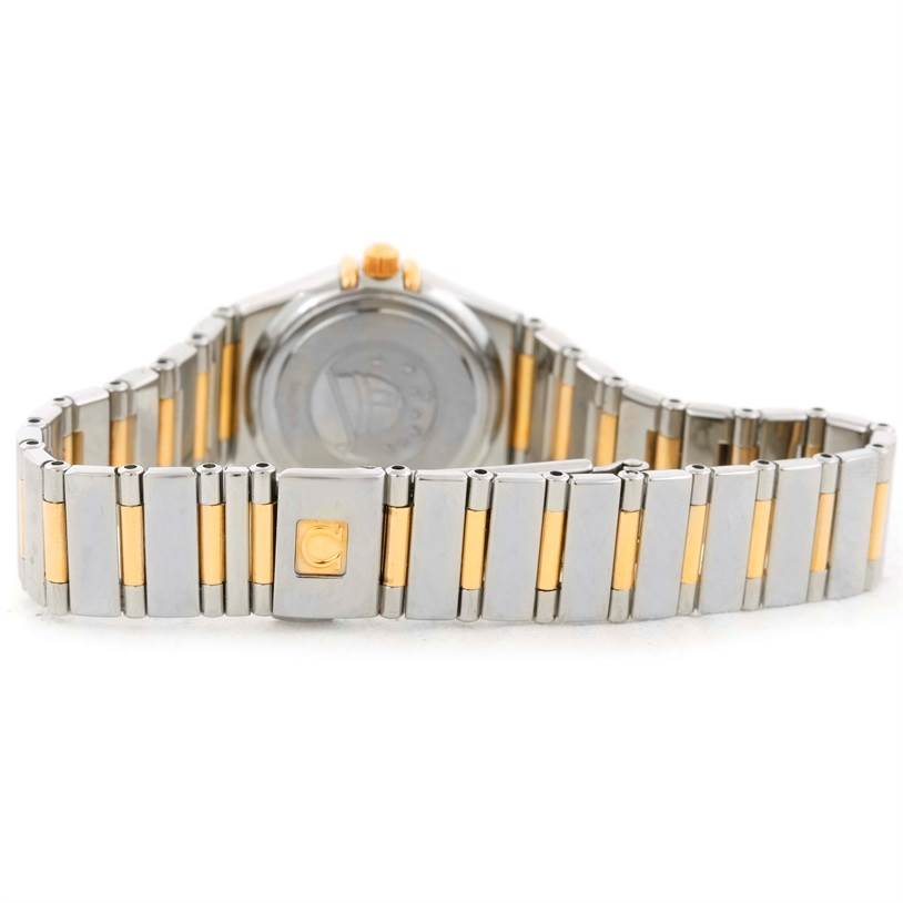 The image shows the back view of the Omega 1365.75.00 Women's Steel and Gold (two tone) Mother of Pearl Dial 1365.75.00 Women's Steel and Gold (two tone) Mother of Pearl Dial Constellation Mini Steel Yellow Gold Diamond Watch 1365.75.00, focusing on its bracelet and case back.