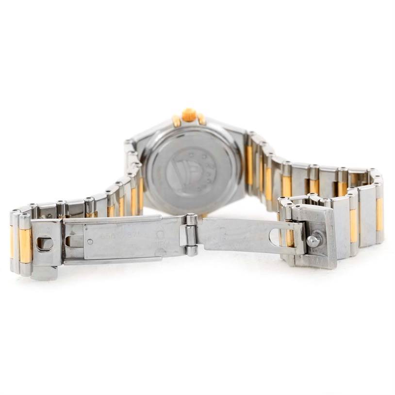 The image shows the back view of the Omega 1365.75.00 Women's Steel and Gold (two tone) Mother of Pearl Dial 1365.75.00 Women's Steel and Gold (two tone) Mother of Pearl Dial Constellation Mini Steel Yellow Gold Diamond Watch 1365.75.00 with its bracelet and clasp open.