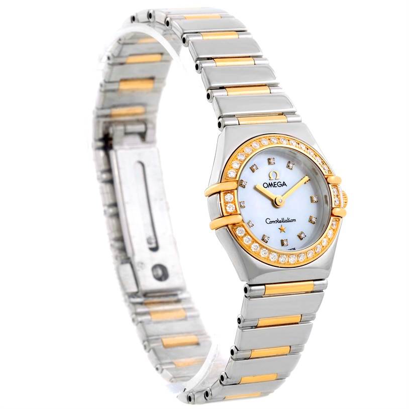 The image shows an angled view of the Omega 1365.75.00 Women's Steel and Gold (two tone) Mother of Pearl Dial 1365.75.00 Women's Steel and Gold (two tone) Mother of Pearl Dial Constellation Mini Steel Yellow Gold Diamond Watch 1365.75.00, highlighting its bracelet and diamond bezel.